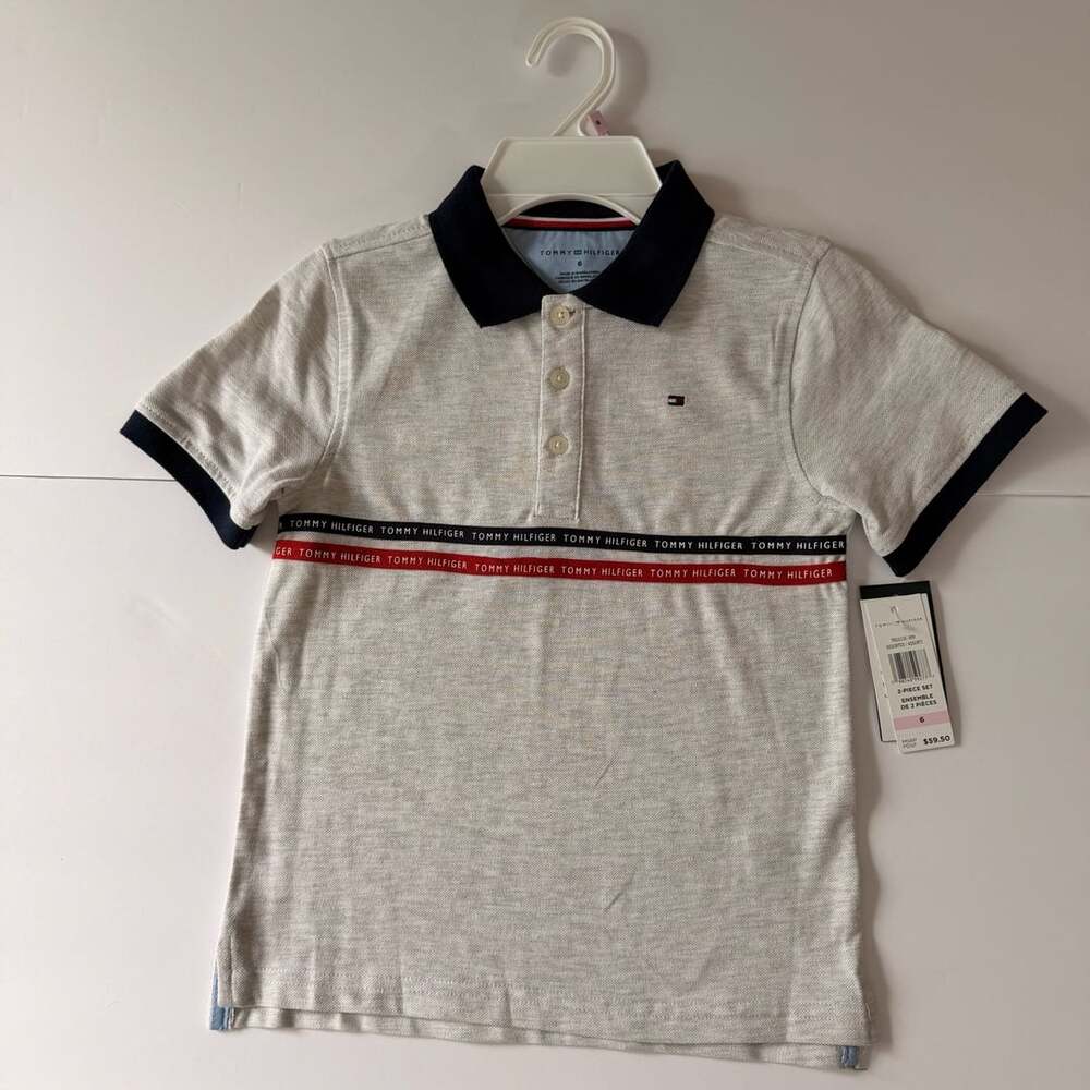 Tommy Hilfiger Boys Striped Chest Logo Polo Shirt Size 6 Gray